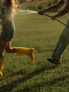 A kid in yellow rain boots running from the spray of a garden hose.