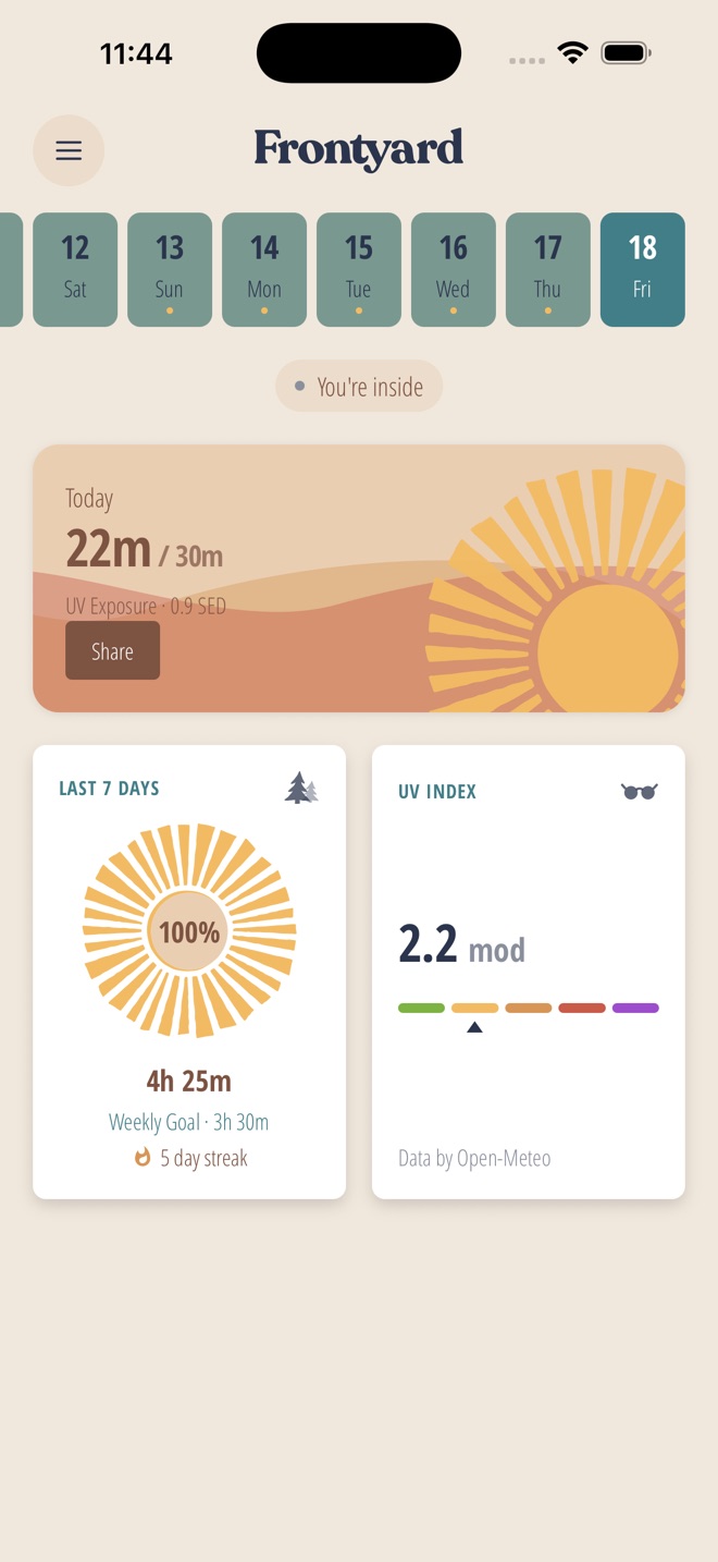 The Today screen keeping count on its own: You're inside, and 22 of 30 minutes outside so far today.