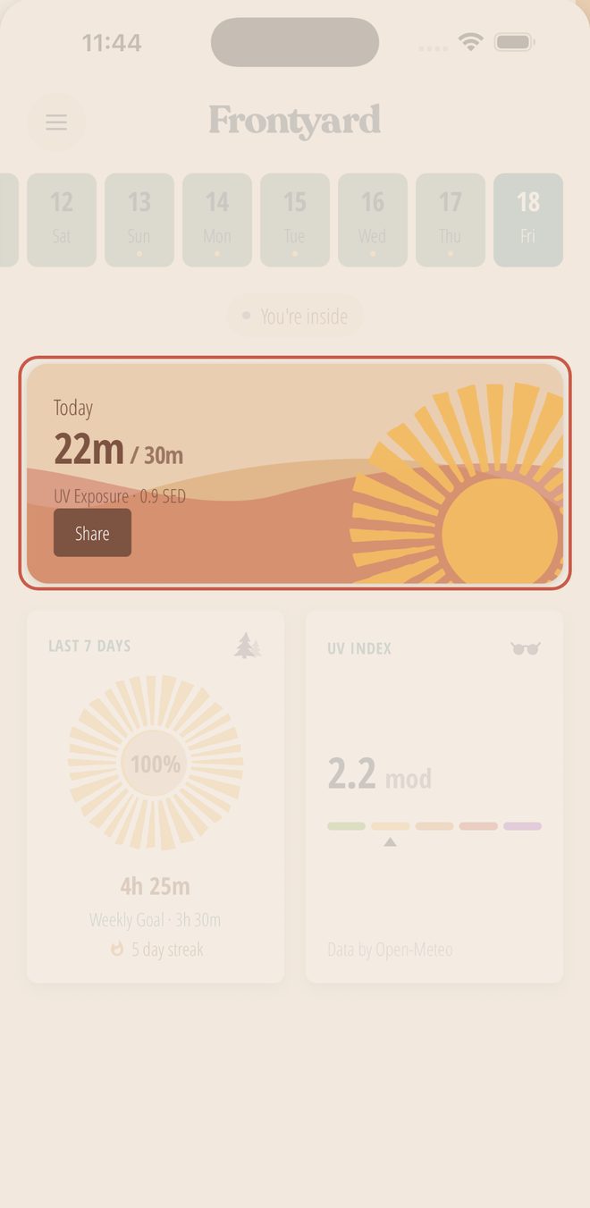The Today card filling in on its own: 22 of 30 minutes outside, with a Share button.