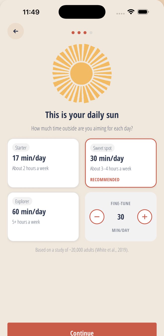 Choosing a daily Goal: Starter at 17 minutes a day, Sweet spot at 30 minutes (recommended) or Explorer at 60 minutes.