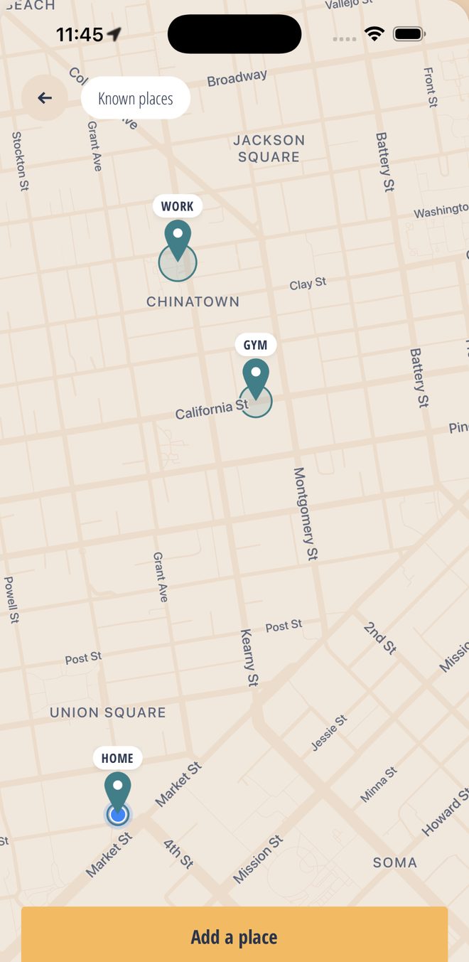 Known Places on a map of the city: home, work and the gym, each marked with a pin and an Add a place button below.
